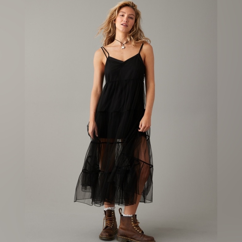 NWT American Eagle Tiered Tulle Midi Dress Sheer Black Size Large